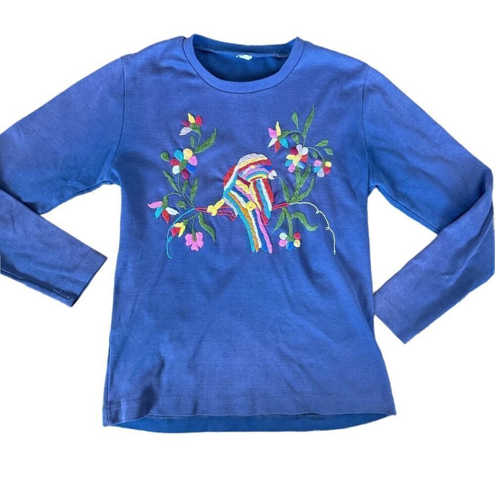 Girls M embroidered bird parrot long sleeve shirt navy blue crew tropical colorf
